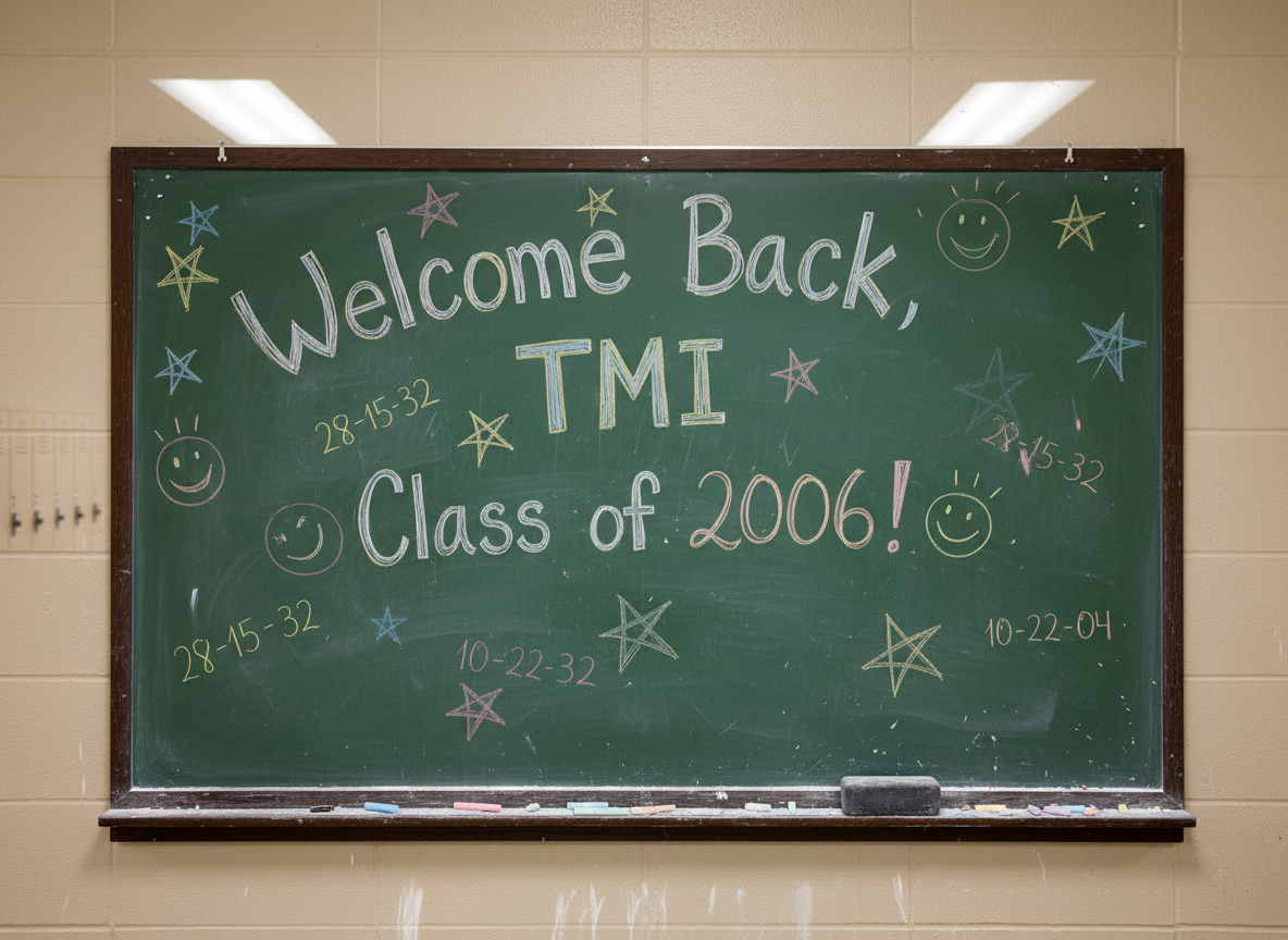 A close-up of a classic green chalkboard mounted on a slightly scuffed school hallway wall, filled with playful white and colored chalk writing that reads “Welcome Back, TMI Class of 2006!” surrounded by doodled stars, smiley faces, and locker combinations. A small wooden chalk tray holds dusty pastel sticks and a well-worn felt eraser, leaving faint chalk residue on the frame. Overhead fluorescent hallway lights cast even, soft illumination, creating delicate shadows where chalk lines build up and a subtle sheen on the metal frame. Photographic realism, straight-on composition with shallow depth of field slightly softening the outer edges. The mood is whimsical and nostalgic, evoking memories of passing notes and homeroom announcements.