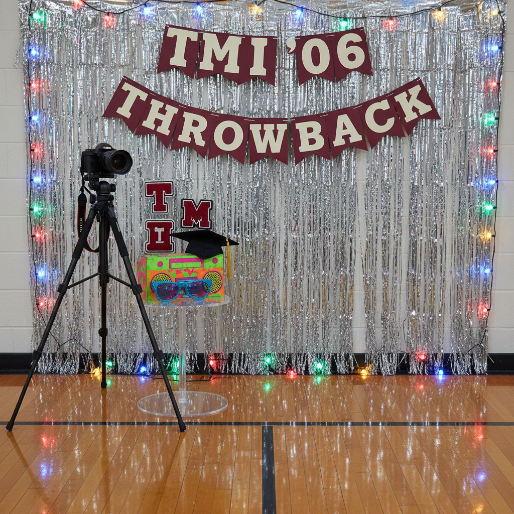 A retro-themed photo booth corner backed by a large, shiny silver tinsel curtain and a bold maroon banner reading “TMI ’06 Throwback.” A sturdy tripod holds a modern DSLR camera, while a small side table displays playful props: oversized sunglasses, faux letterman patches, a plastic graduation cap, and a cardboard boombox with neon accents. Colorful LED string lights frame the backdrop, casting a vibrant, slightly colorful glow that sparkles off the tinsel. The floor is a glossy gym surface, reflecting bits of light and color. Photographic realism with a slightly wide-angle lens, shot from chest height to show the entire setup. The mood is energetic and fun, perfect for encouraging silly, nostalgic reunion snapshots.