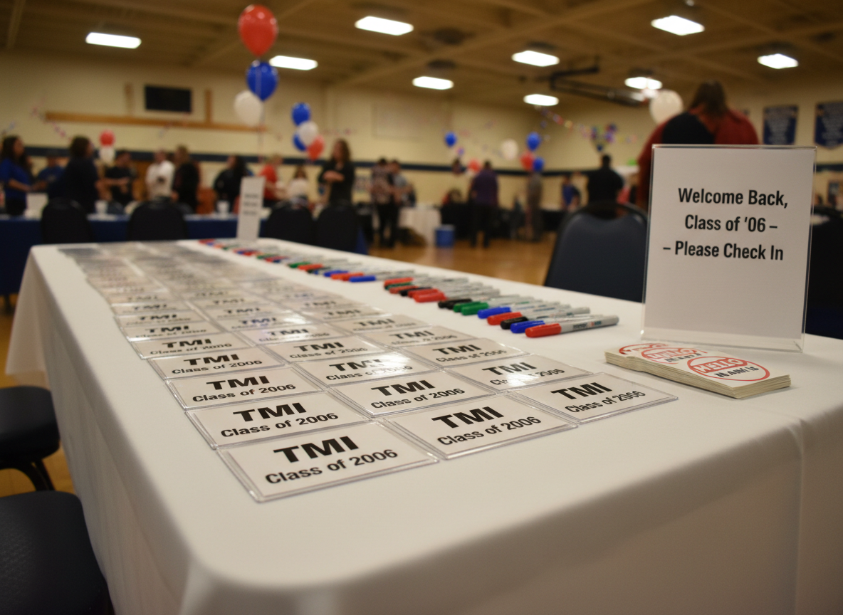 A long, rectangular check-in table draped with a crisp white cloth stands near the gym entrance, topped with neatly arranged custom name badges that read “TMI Class of 2006” in bold text. Each badge sits in a clear plastic holder alongside colorful fine-tip markers and a small stack of blank “Hello, My Name Is” stickers. A simple acrylic sign announces “Welcome Back, Class of ’06 – Please Check In.” Soft, warm artificial lighting from overhead fixtures casts gentle shadows under the badges and subtle reflections on the plastic surfaces. Photographic realism, eye-level, with a shallow depth of field that keeps the foreground badges in sharp focus while a blurred, festively decorated gym hints at the party atmosphere beyond.