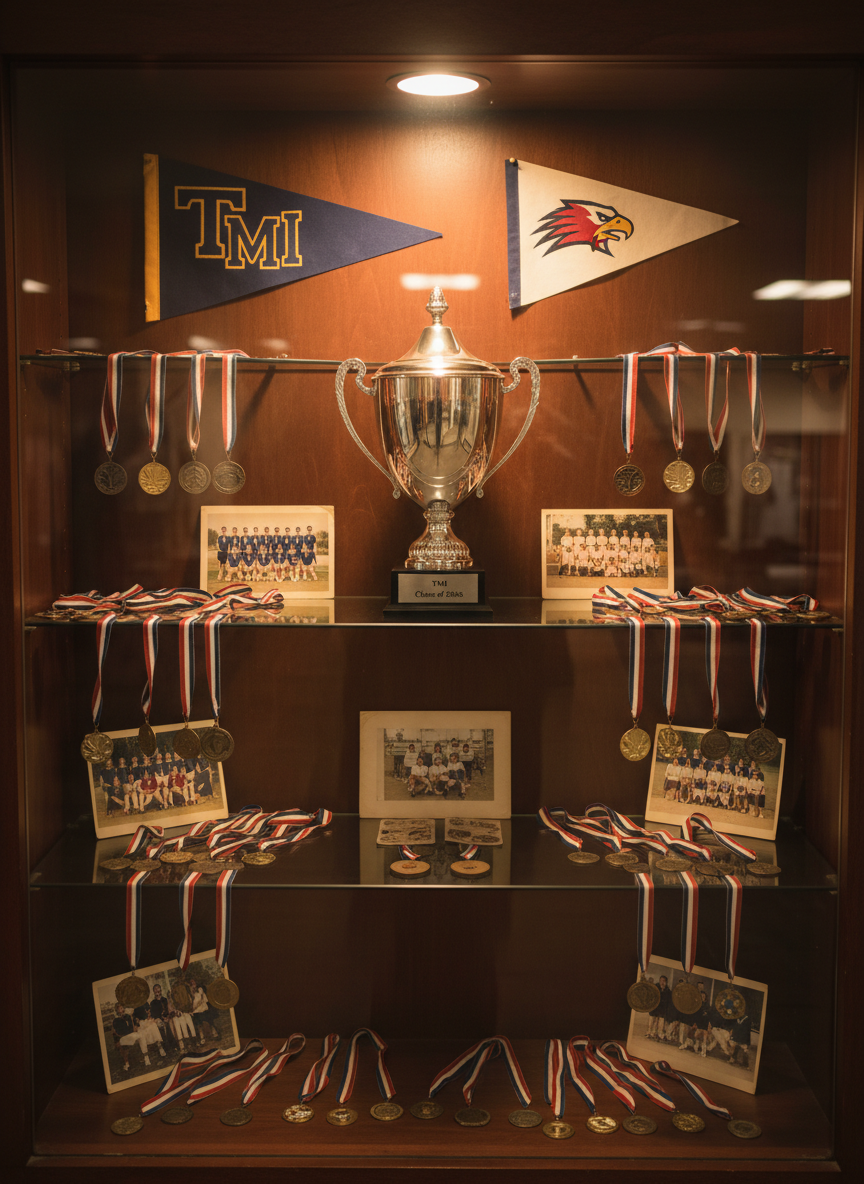A polished wooden trophy case interior featuring a prominently displayed 2006 championship trophy engraved with “TMI Class of 2006” surrounded by neatly arranged medals, faded team photos, and school pennants. The trophy’s metallic surface catches the warm, directional spotlight from above, creating bright highlights and crisp reflections on the glass shelves. Soft shadows fall behind the objects, emphasizing depth and texture in the worn ribbons and slightly yellowed photo edges. Photographic realism, captured straight-on with a medium depth of field so the entire display is sharp while the background hallway beyond the glass is pleasantly blurred. The mood is proud and nostalgic, evoking school spirit and long-remembered accomplishments for the reunion theme.