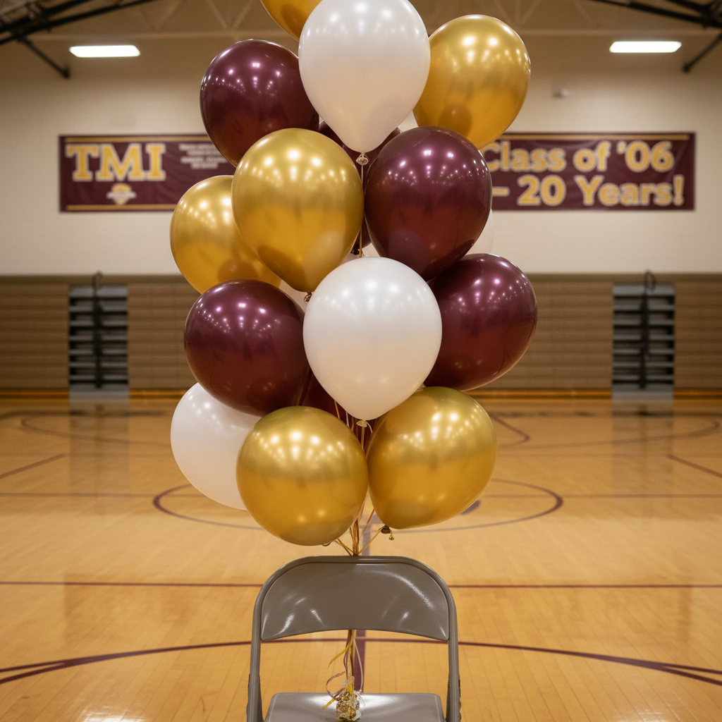 A cluster of helium-filled balloons in the school colors—deep maroon, gold, and white—tightly gathered and tied to the back of a metal folding chair in a decorated gym. The balloons have a shiny, almost mirror-like surface reflecting the polished wood floor, folded bleachers, and a large “TMI Class of ’06 – 20 Years!” banner across the far wall. Warm, overhead gym lighting creates soft, diffuse highlights on each balloon, with long, playful shadows stretching across the floor. Photographic realism from a slightly low angle emphasizes the balloons rising upward, while the background remains softly out of focus, giving the scene a lively, celebratory, and slightly retro reunion vibe.