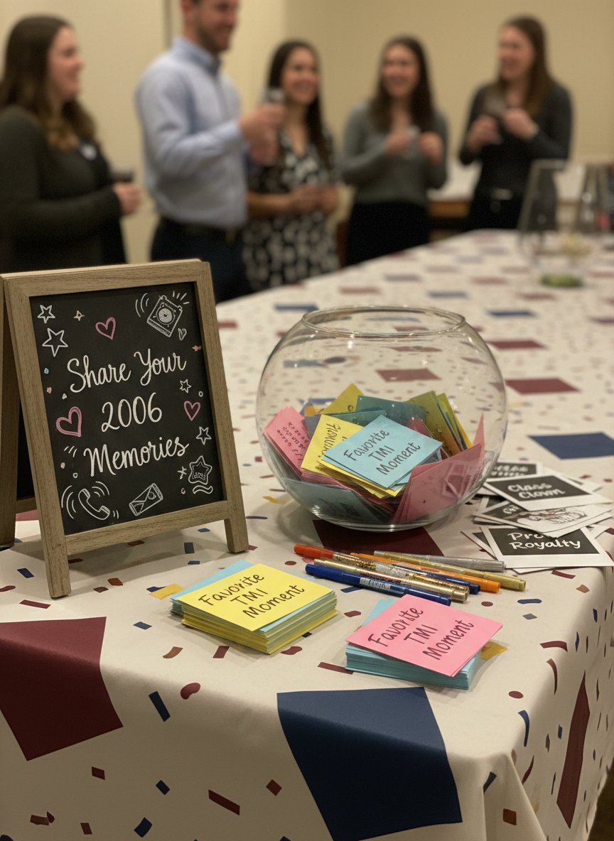 A playful tabletop “memory station” set up on a long buffet table, featuring colorful index cards labeled “Favorite TMI Moment,” vintage-style gel pens, and a transparent glass bowl already half-filled with folded cards. Nearby, a small chalkboard sign with hand-drawn doodles invites guests to “Share Your 2006 Memories.” The tablecloth is patterned with subtle confetti shapes in muted school colors, and a stack of polaroid-style photo props—cardboard speech bubbles saying “Class Clown,” “Band Nerd,” and “Prom Royalty”—rests at the side. Warm indoor lighting creates soft reflections on the glass bowl and gentle shadows behind the chalkboard. Photographic realism, eye-level framing with a shallow depth of field, capturing an inviting, lighthearted, and interactive reunion atmosphere.