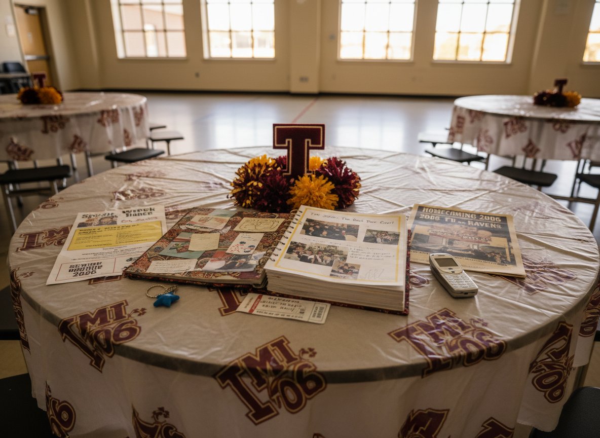 A round cafeteria-style table covered with a playful, slightly wrinkled school-color tablecloth features an overflowing scrapbook of TMI 2006 memories. Scattered around it are printed flyers from old school events, a folded football game program, a laminated prom ticket, and a vintage flip phone with a tiny charm attached. A small centerpiece of school-colored pom-poms and a faux varsity letter “T” adds a spirited touch. Soft, golden evening light from high gym windows mixes with warm ceiling lights, creating a cozy, nostalgic glow and subtle shadows around each object. Photographic realism, shot from a slightly elevated angle with sharp focus across the table, conveys a fun, memory-filled atmosphere perfect for a reunion website.