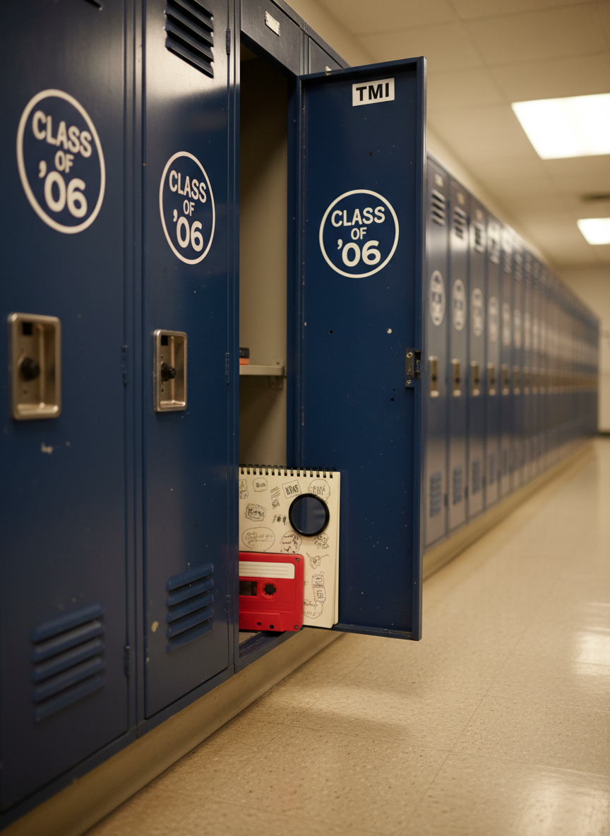 A row of classic metal school lockers painted in slightly worn navy blue, each adorned with a magnetic sign that reads “Class of ’06” in playful typography. One locker door is ajar, revealing a neatly arranged interior: a vintage spiral notebook with doodled covers, a cassette-style pencil case, and a small mirror with a “TMI” sticker at the corner. The hallway floor’s polished linoleum reflects the locker bases, while overhead fluorescent lights create long, soft reflections along the locker doors. Photographic realism, captured from a slightly low angle with a moderate depth of field so the front lockers are sharp and the others fade into a gentle blur. The atmosphere is lightly nostalgic and fun, bringing back everyday memories of high school life.