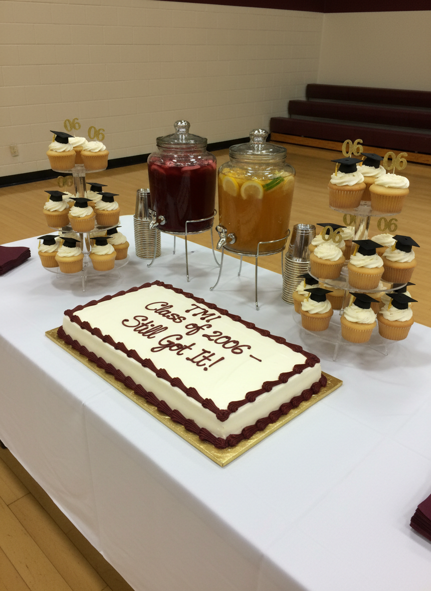 A neatly arranged dessert table featuring a large sheet cake frosted in smooth white icing, decorated with maroon and gold borders and the playful inscription “TMI Class of 2006 – Still Got It!” in piped script. Cupcake towers flank the cake, each cupcake topped with tiny edible graduation caps and “’06” toppers. Clear glass drink dispensers filled with colorful punch sit further back, alongside rows of plastic cups in school colors. Overhead gym lighting creates soft highlights on the glossy frosting and glass surfaces, with subtle shadows between the dessert stands. Photographic realism, slightly elevated angle to show the full spread, crisp focus throughout. The atmosphere is celebratory, indulgent, and lighthearted, ideal for showcasing the reunion’s festive side.